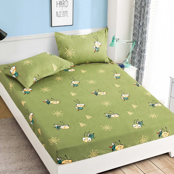 Cearsaf cu elastic, Bumbac FINET, 90x200cm, 2 fete de perne 50x70cm, Jojo Home, Verde-Multicolor, albinute [1]
