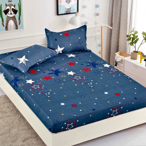 Cearsaf cu elastic, Bumbac FINET, 160/180x200cm, 2 fete de perne 50x70cm, Jojo Home, Bleumarin, stelute [1]