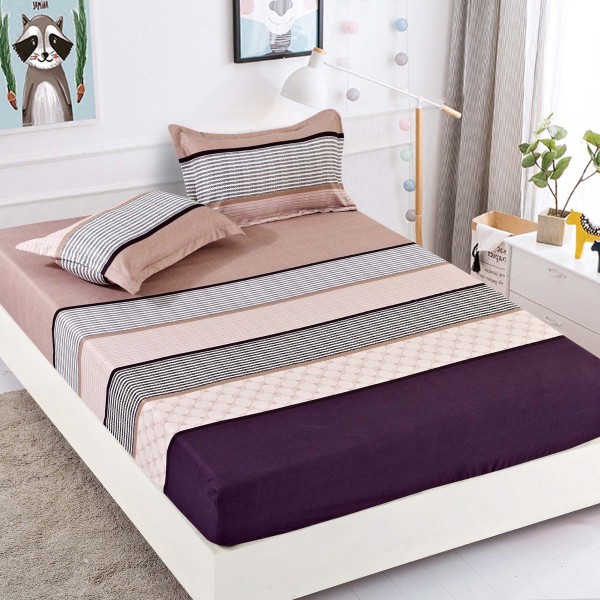 Cearsaf cu elastic, Bumbac FINET, 90x200cm, 2 fete de perne 50x70cm, Jojo Home, Roz-Multicolor, dungi [1]