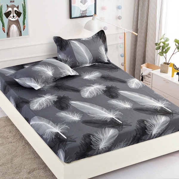Cearsaf cu elastic, Bumbac FINET, 90x200cm, 2 fete de perne 50x70cm, Jojo Home, Gri-Negru, pene [1]
