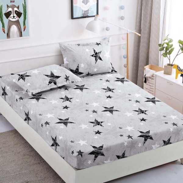 Cearsaf cu elastic, Bumbac FINET, 90x200cm, 2 fete de perne 50x70cm, Jojo Home, Gri-Negru, stelute [1]