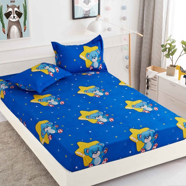 Cearsaf cu elastic, Bumbac FINET, 90x200cm, 2 fete de perne 50x70cm, Jojo Home, Albastru-Galben, stelute [1]
