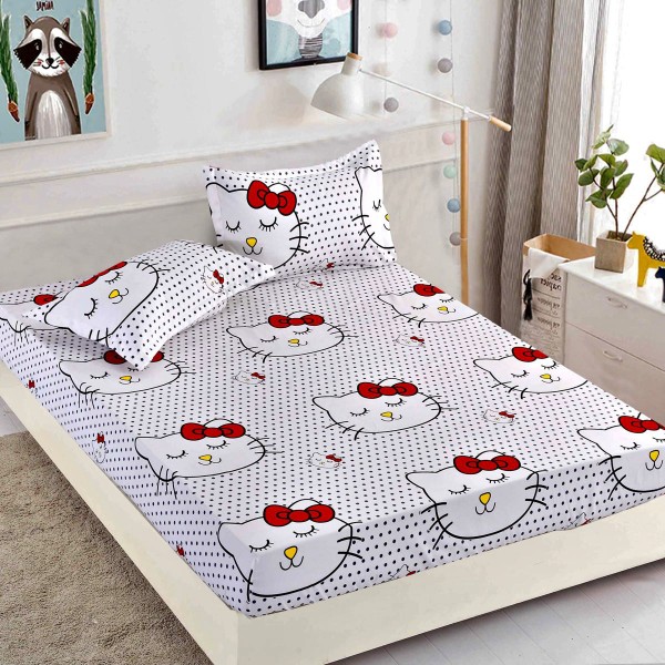 Cearsaf cu elastic, Bumbac FINET, 90x200cm, 2 fete de perne 50x70cm, Jojo Home, Alb-Multicolor, Hello Kitty [1]