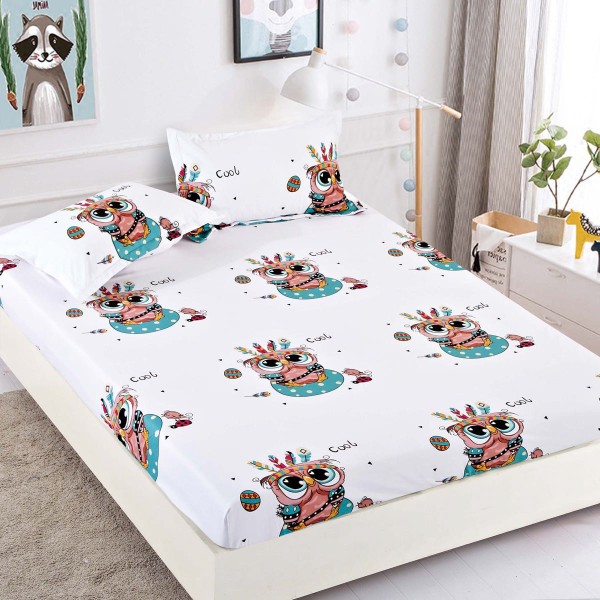 Cearsaf cu elastic, Bumbac FINET, 90x200cm, 2 fete de perne 50x70cm, Jojo Home, Alb-Multicolor, bufnite [1]