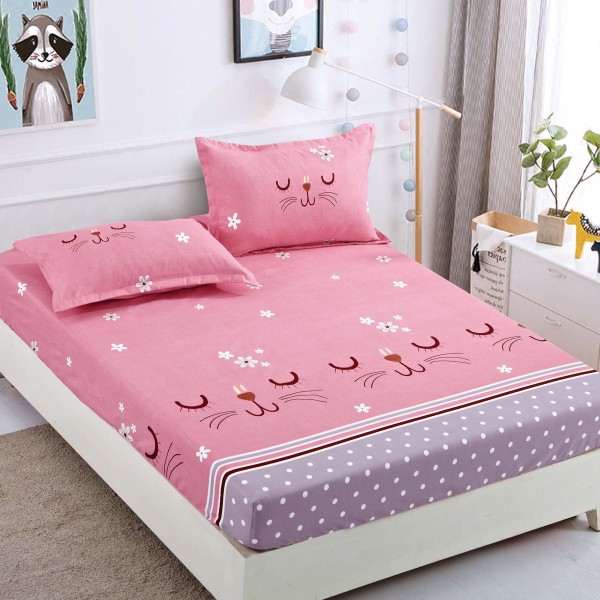 Cearsaf cu elastic, Bumbac FINET, 90x200cm, 2 fete de perne 50x70cm, Jojo Home, Roz-Gri, pisicute [1]