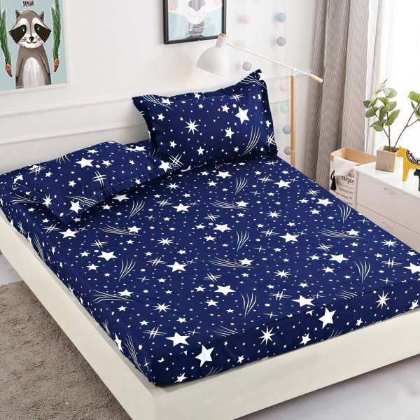 Cearsaf cu elastic, Bumbac FINET, 90x200cm, 2 fete de perne 50x70cm, Jojo Home, Bleumarin-Alb, stelute [1]