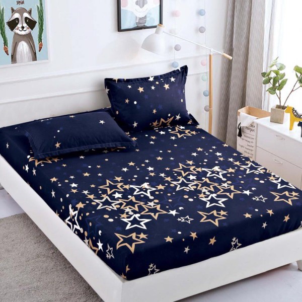Cearsaf cu elastic, Bumbac FINET, 160/180x200cm, 2 fete de perne 50x70cm, Jojo Home, Bleumarin-Auriu, stelute [1]