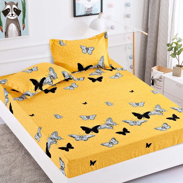 Cearsaf cu elastic, Bumbac FINET, 90x200cm, 2 fete de perne 50x70cm, Jojo Home, Galben-Negru, fluturi [1]