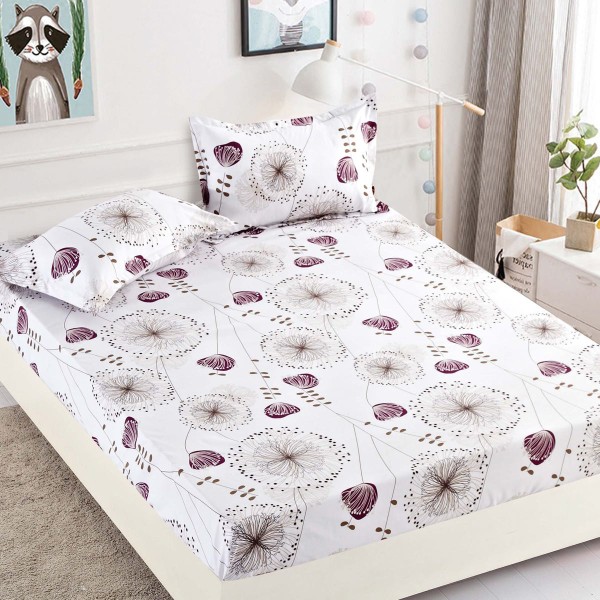 Cearsaf cu elastic, Bumbac FINET, 90x200cm, 2 fete de perne 50x70cm, Jojo Home, Gri, flori, papadii [1]