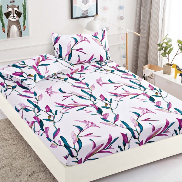 Cearsaf cu elastic, Bumbac FINET, 90x200cm, 2 fete de perne 50x70cm, Jojo Home, Alb-Mov, flori, crengute [1]