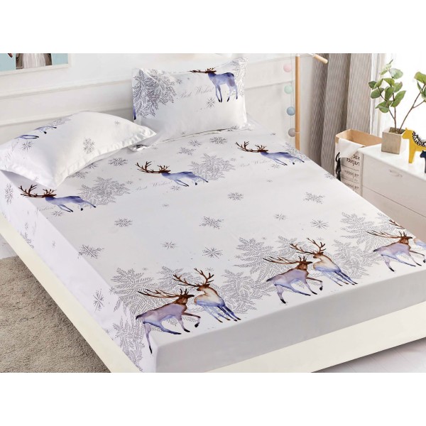 Cearsaf cu elastic, Bumbac FINET, 160/180x200cm, 2 fete de perne 50x70cm, Craciun, Jojo Home, Gri, reni, fulgi de nea [1]