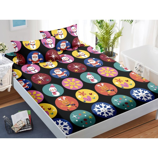 Cearsaf cu elastic, Bumbac FINET, 160/180x200cm, 2 fete de perne 50x70cm, Craciun, Jojo Home, Gri, Multicolor, Christmass [1]