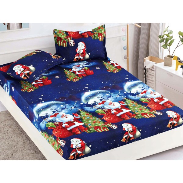 Cearsaf cu elastic, Bumbac FINET, 160/180x200cm, 2 fete de perne 50x70cm, Craciun, Jojo Home, Albastru, Mos Craciun, brazi [1]