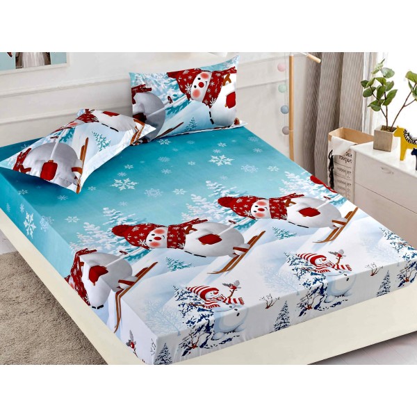 Cearsaf cu elastic, Bumbac FINET, 160/180x200cm, 2 fete de perne 50x70cm, Craciun, Jojo Home, Albastru, oameni de zapada [1]