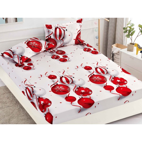 Cearsaf cu elastic, Bumbac FINET, 160/180x200cm, 2 fete de perne 50x70cm, Craciun, Jojo Home, Alb-Rosu, globulete [1]