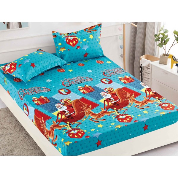 Cearsaf cu elastic, Bumbac FINET, 160/180x200cm, 2 fete de perne 50x70cm, Craciun, Jojo Home, Bleu, Mos Craciun [1]