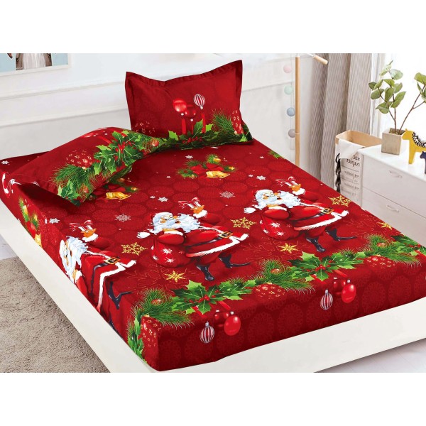 Cearsaf cu elastic, Bumbac FINET, 160/180x200cm, 2 fete de perne 50x70cm, Craciun, Jojo Home, Rosu, Mos Craciun [1]