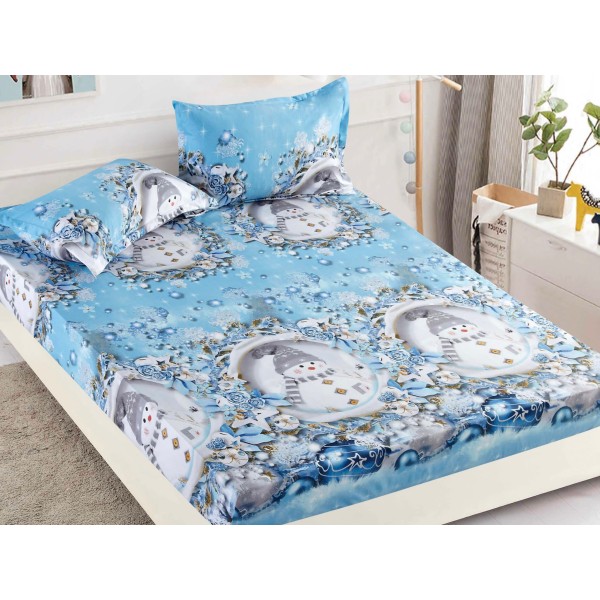 Cearsaf cu elastic, Bumbac FINET, 160/180x200cm, 2 fete de perne 50x70cm, Craciun, Jojo Home, Bleu, oameni de zapada [1]