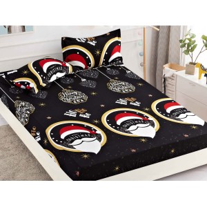 Cearsaf cu elastic, Bumbac FINET, 160/180x200cm, 2 fete de perne 50x70cm, Craciun, Jojo Home, Negru, Mos Craciun