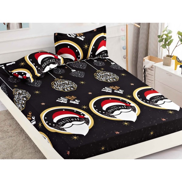 Cearsaf cu elastic, Bumbac FINET, 160/180x200cm, 2 fete de perne 50x70cm, Craciun, Jojo Home, Negru, Mos Craciun [1]