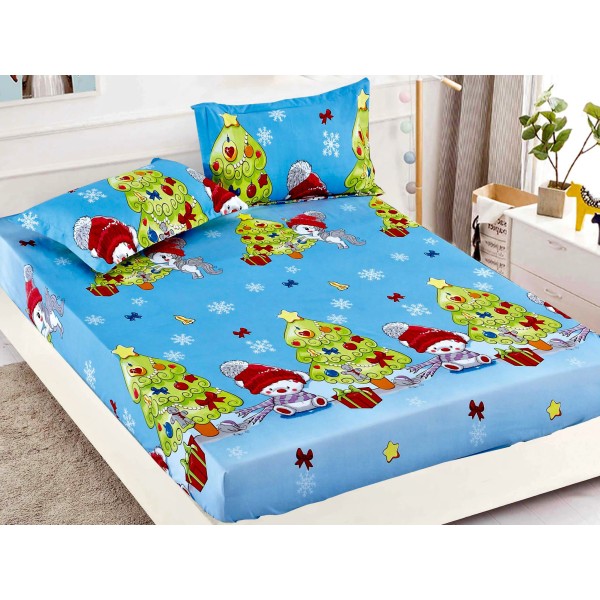 Cearsaf cu elastic, Bumbac FINET, 160/180x200cm, 2 fete de perne 50x70cm, Craciun, Jojo Home, Bleu, brazi [1]