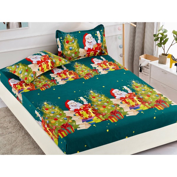 Cearsaf cu elastic, Bumbac FINET, 160/180x200cm, 2 fete de perne 50x70cm, Craciun, Jojo Home, Verde, Mos Craciun, brazi, cadouri [1]
