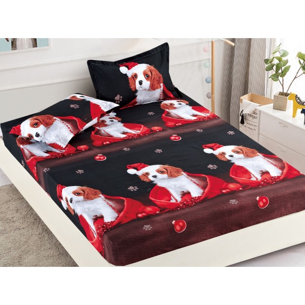 Cearsaf cu elastic, Bumbac FINET, 160/180x200cm, 2 fete de perne 50x70cm, Craciun, Jojo Home, Negru-Rosu, catelusi [1]