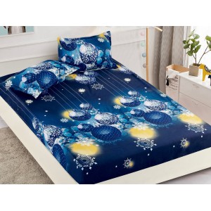 Cearsaf cu elastic, Bumbac FINET, 160/180x200cm, 2 fete de perne 50x70cm, Craciun, Jojo Home, Bleumarin, globulete