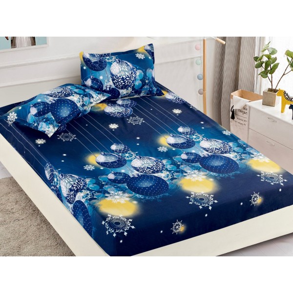 Cearsaf cu elastic, Bumbac FINET, 160/180x200cm, 2 fete de perne 50x70cm, Craciun, Jojo Home, Bleumarin, globulete [1]