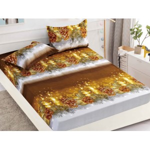 Cearsaf cu elastic, Bumbac FINET, 160/180x200cm, 2 fete de perne 50x70cm, Craciun, Jojo Home, Maroniu, crengute de brad, lumanari