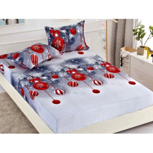 Cearsaf cu elastic, Bumbac FINET, 160/180x200cm, 2 fete de perne 50x70cm, Craciun, Jojo Home, Gri-Rosu, globulete