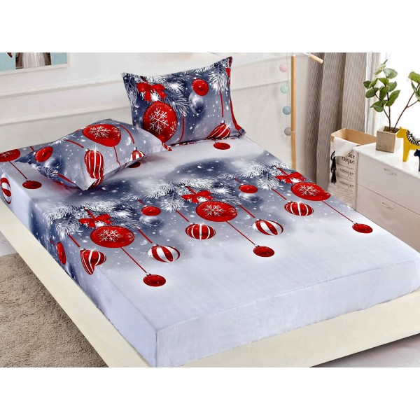 Cearsaf cu elastic, Bumbac FINET, 160/180x200cm, 2 fete de perne 50x70cm, Craciun, Jojo Home, Gri-Rosu, globulete [1]