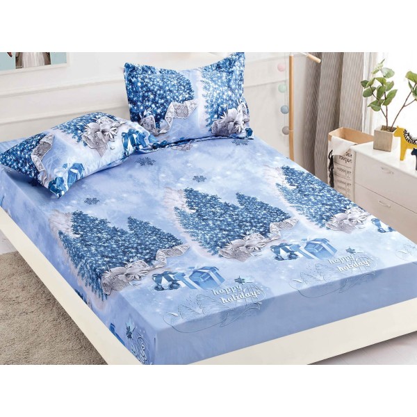 Cearsaf cu elastic, Bumbac FINET, 160/180x200cm, 2 fete de perne 50x70cm, Craciun, Jojo Home, Bleu, oameni de zapada, brazi [1]