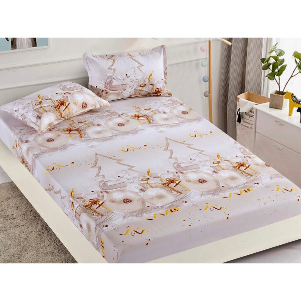 Cearsaf cu elastic, Bumbac FINET, 160/180x200cm, 2 fete de perne 50x70cm, Craciun, Jojo Home, Bej, globulete [1]