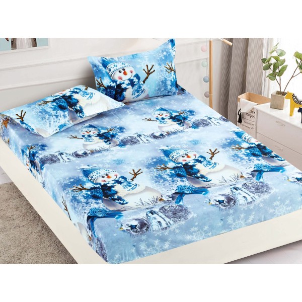 Cearsaf cu elastic, Bumbac FINET, 160/180x200cm, 2 fete de perne 50x70cm, Craciun, Jojo Home, Bleu, oameni de zapada [1]
