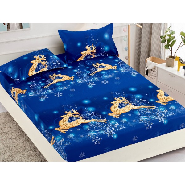 Cearsaf cu elastic, Bumbac FINET, 160/180x200cm, 2 fete de perne 50x70cm, Craciun, Jojo Home, Albastru-Auriu, reni [1]