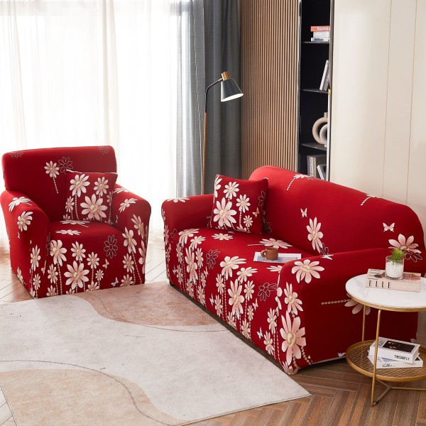 Husa Elastica Pentru Canapea 2 Locuri - M - Jojo Home, Rosu, flori [1]