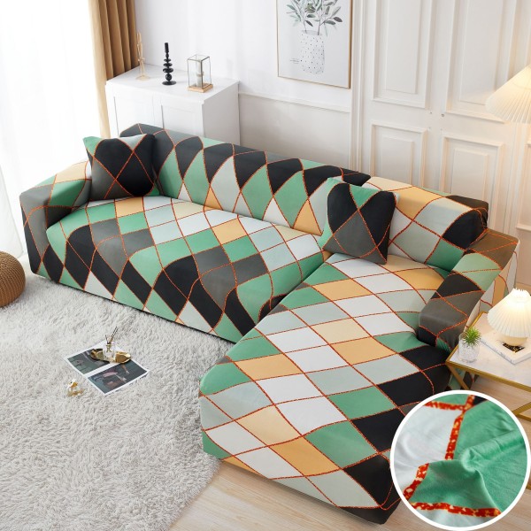 Set husa pentru coltar M + L, Elastica, Jojo Home, Verde-Bej, forme geometrice [1]