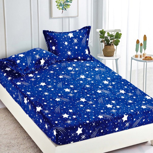 Cearsaf CoCoLiNo, JoJo Home, cu Elastic, 180x200x25cm, 2 fete de perne, 50x70cm, Albastru, Alb, stelute [1]