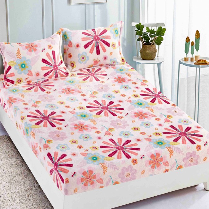 Cearsaf cu elastic COCOLINO 180x200x25cm 2 fete de perne Jojo Home Alb-Multicolor flori