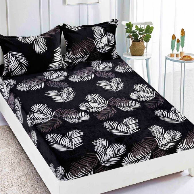 Cearsaf cu elastic COCOLINO 180x200x25cm 2 fete de perne Jojo Home Negru-Alb frunze