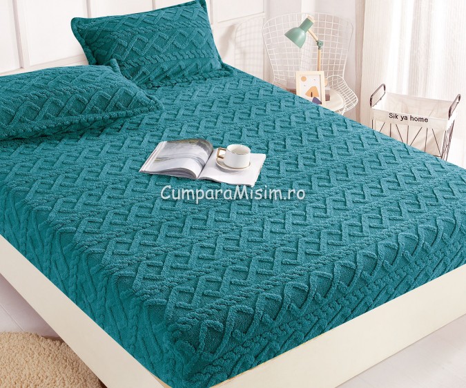 Cearsaf cu elastic COCOLINO, 180x200x25cm, 2 fete de perne, Jojo Home, model Tricotat, Turquoise