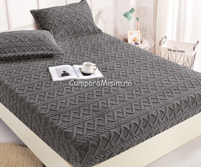 Cearsaf cu elastic COCOLINO, 180x200x25cm, 2 fete de perne, Jojo Home, model Tricotat, Gri inchis