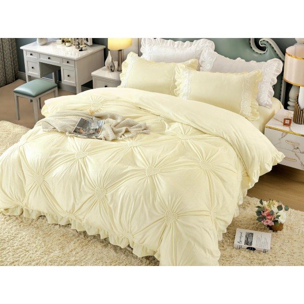 Lenjerie pat dublu, Catifea Deluxe, cu pliuri brodate, 4 piese, Jojo Home, Ivoire [1]