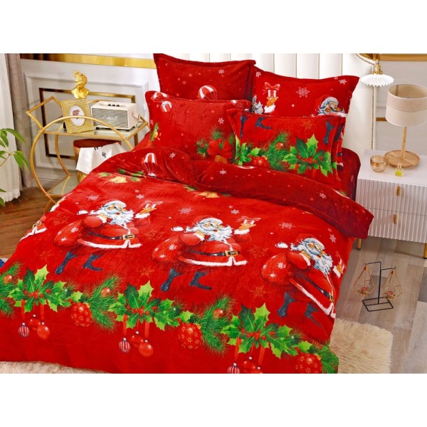 Lenjerie pat dublu, Super Pufoasa COCOLINO, 6 piese, Jojo Home, Rosu-Verde, Mos Craciun [1]