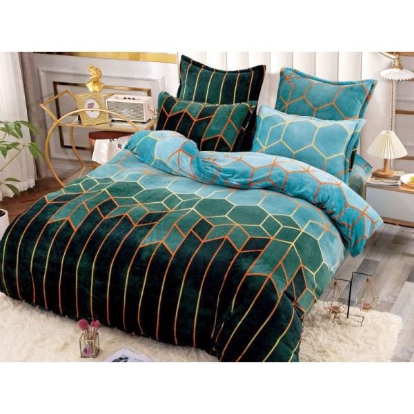 Lenjerie pat dublu, Super Pufoasa COCOLINO, 6 piese, Jojo Home, Verde-Multicolor, forme geometrice [1]