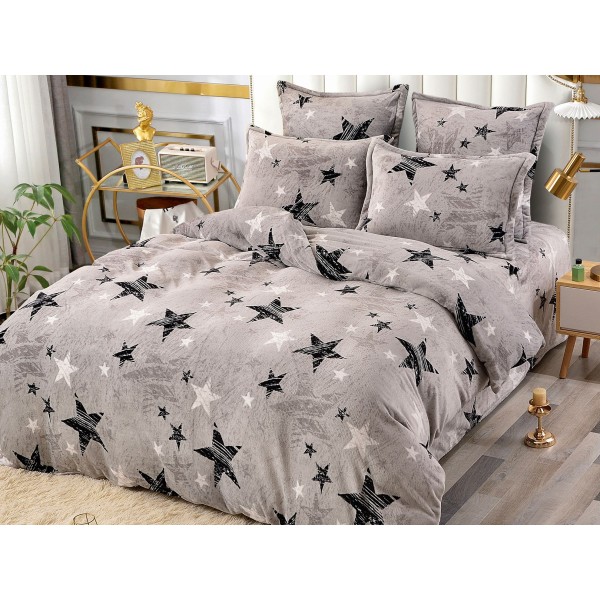 Lenjerie pat dublu, Super Pufoasa COCOLINO, 6 piese, Jojo Home, Gri-Negru, stelute [1]
