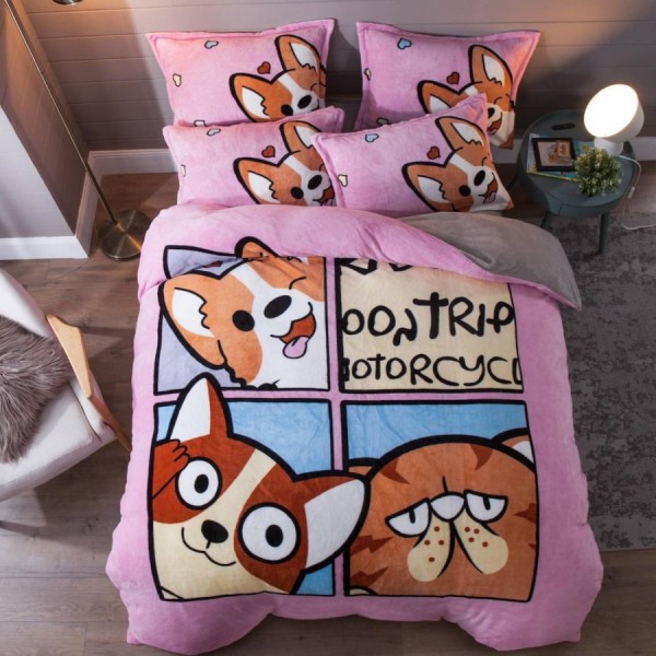 Lenjerie pat dublu, Super Pufoasa COCOLINO, 4 piese, Jojo Home, Roz-Multicolor, catei, pisicute [1]