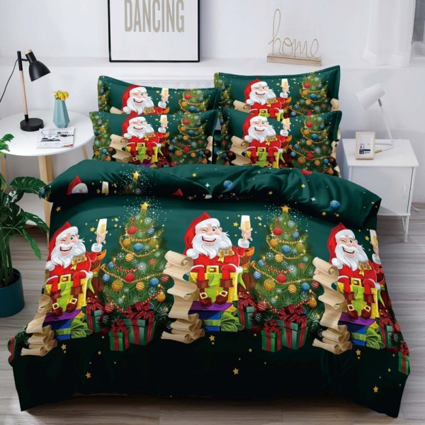 Lenjerie pat dublu,  FINET, 6 piese, Craciun, Jojo Home, Verde-Multicolor, Mos Craciun, brazi, cadouri [1]