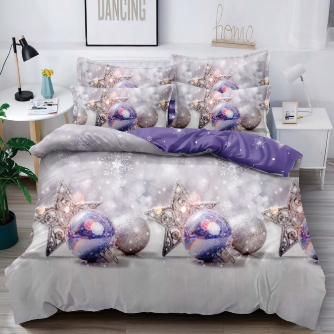 Lenjerie pat dublu BUMBAC FINET 6 piese X-Mass Collection Jojo Home Gri-Lila globulete